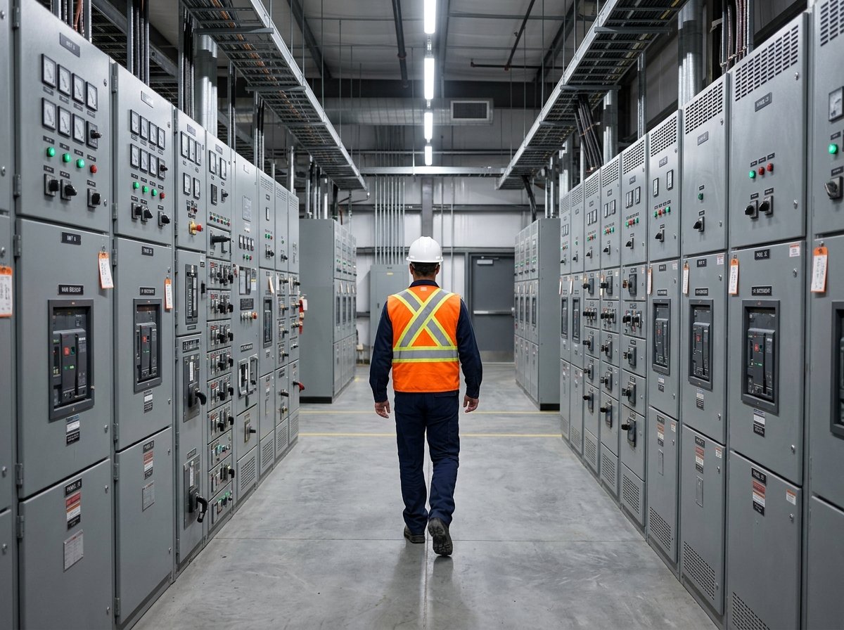 Cuarto eléctrico minero con operario inspeccionando tableros de control