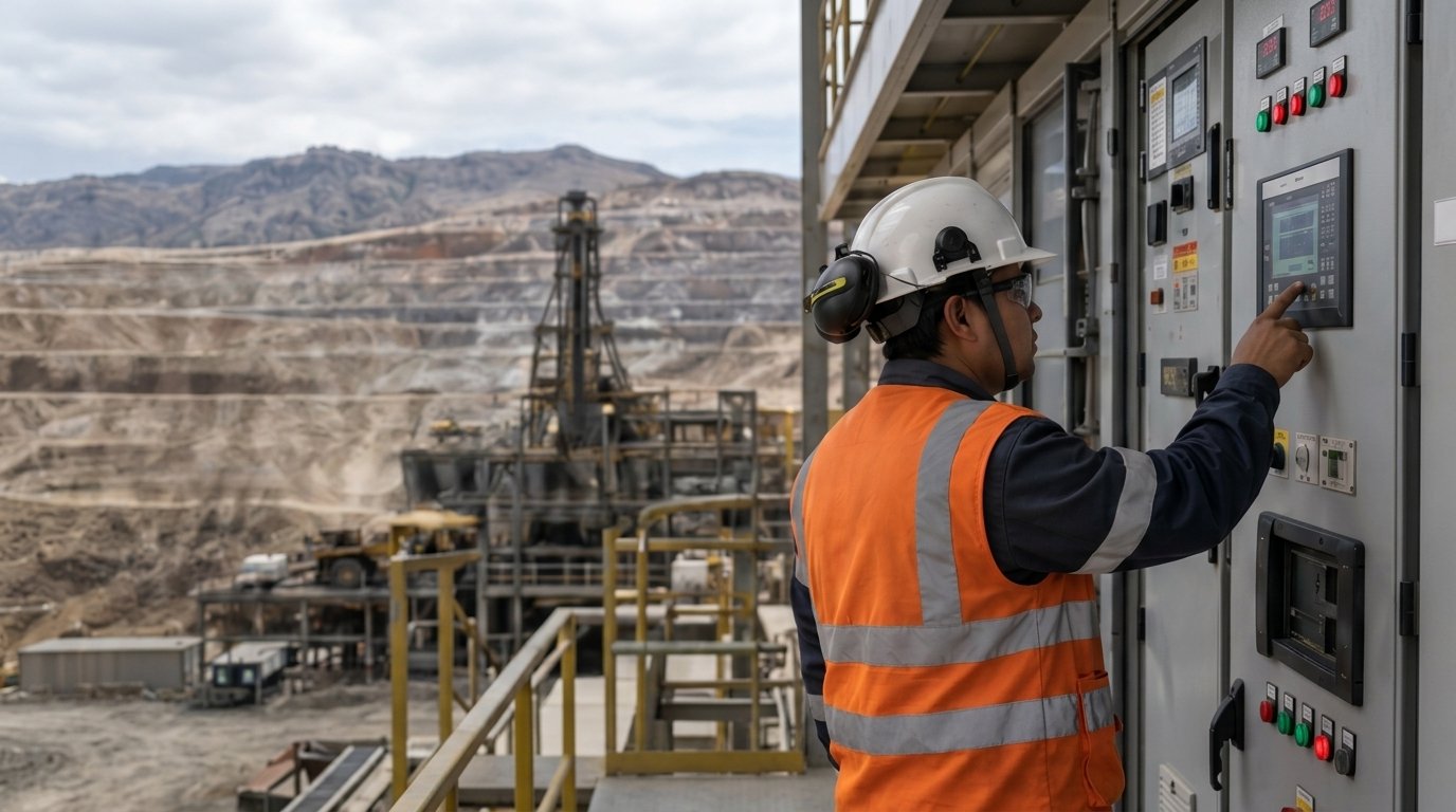 Operario de switchgear en tajo abierto minero
