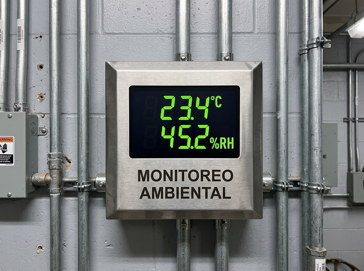 Monitor ambiental digital en cuarto eléctrico con lectura de temperatura y humedad
