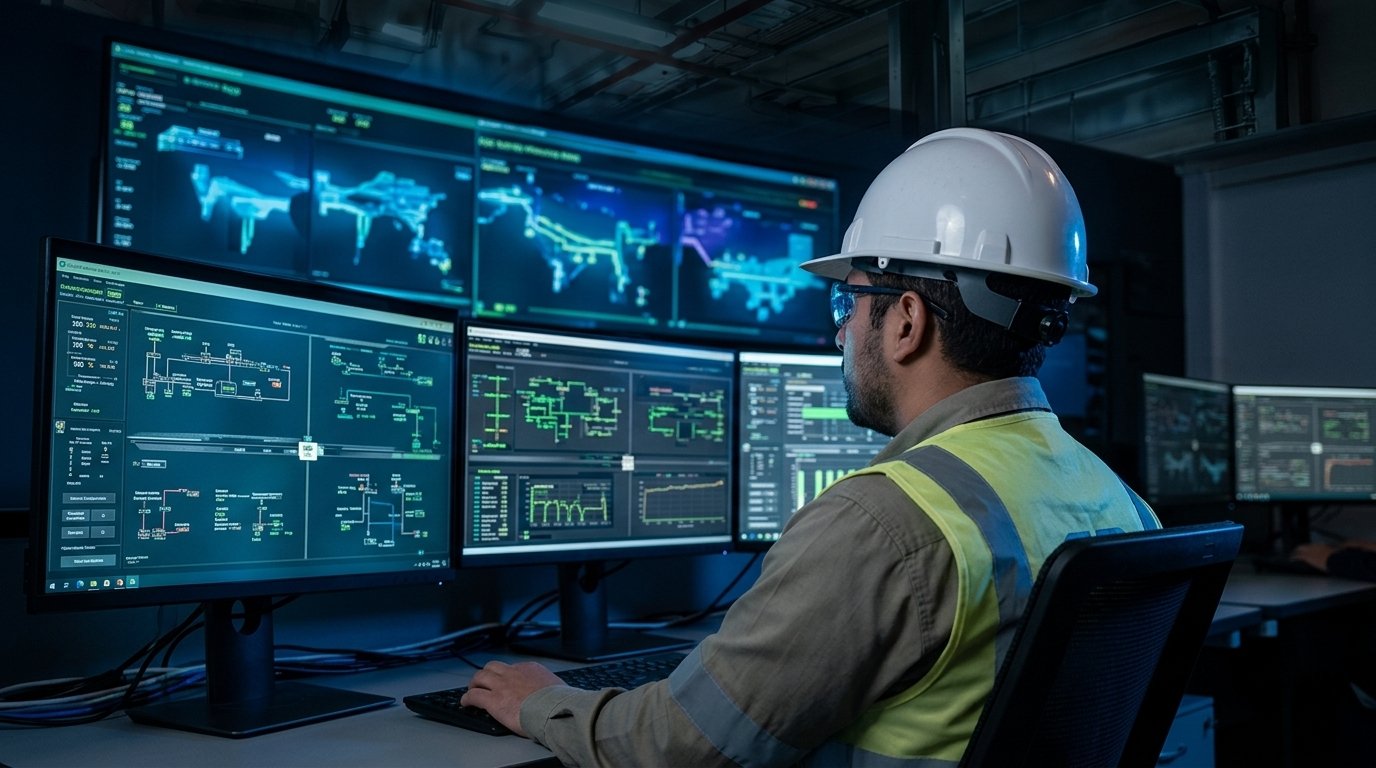 Operador de control monitoreando pantallas industriales SCADA