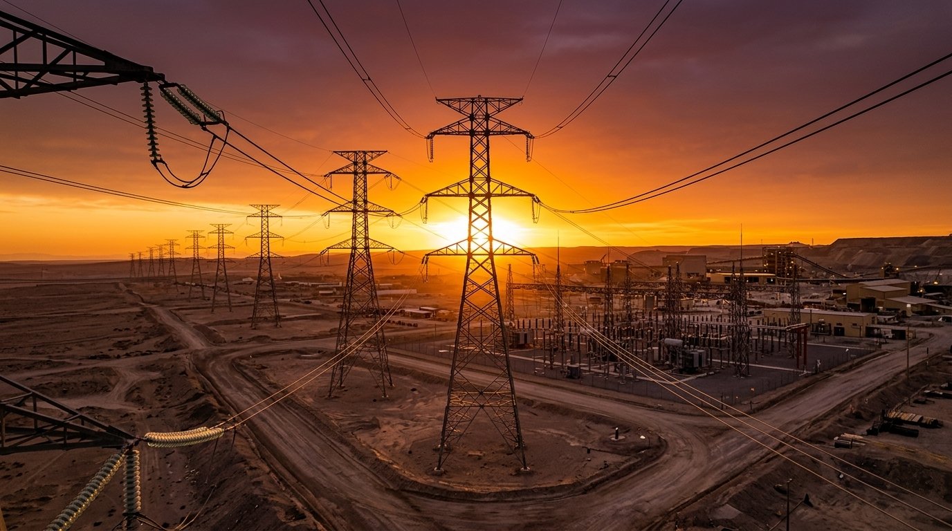 Torres de transmisión eléctrica y subestación minera al atardecer