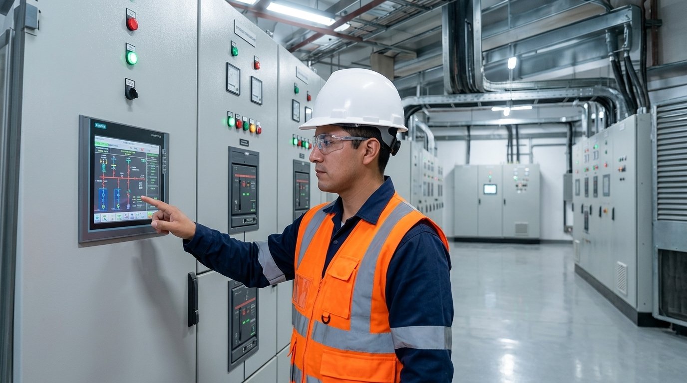 Especialista operando panel digital en tablero de distribución eléctrica